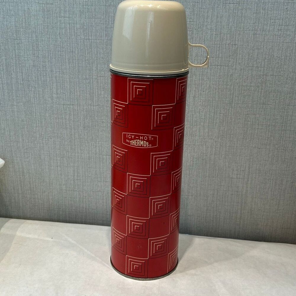 Vtg Red Icy-Hot Thermos Quart Size Lid Cap Cup Squares Pattern